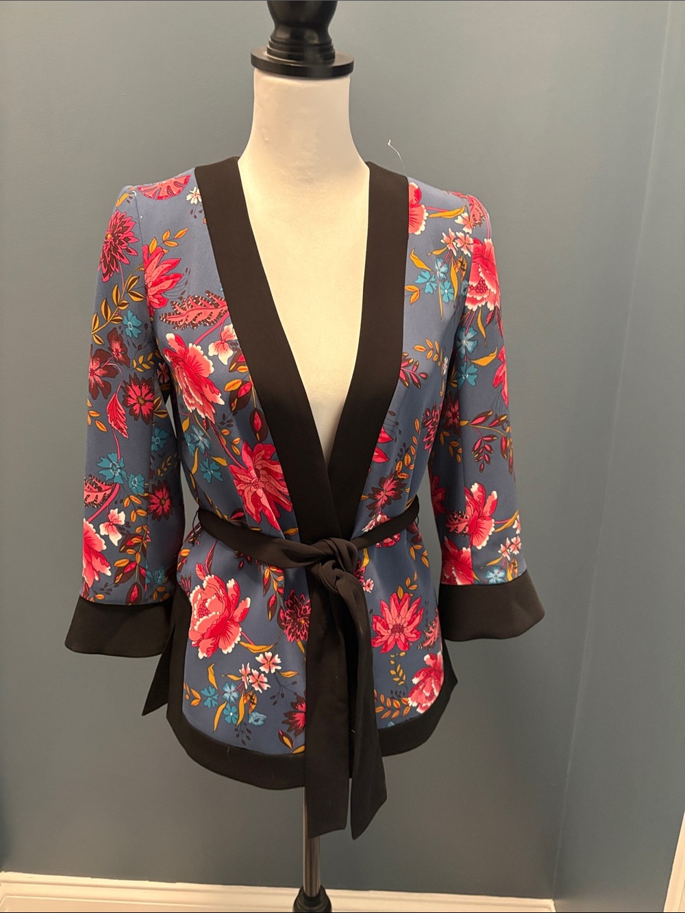 LOFT Blue Floral Tie-Waist Blazer with Black Trim and Pink Accents